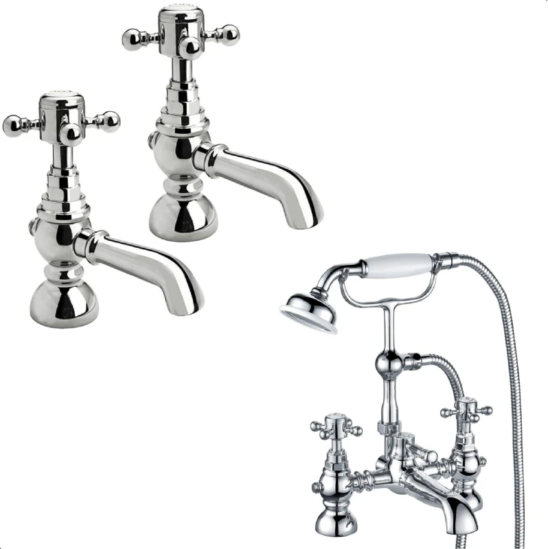 Image of Balterley Crosshead Basin Pillar Taps & Bath Shower Mixer with Kit - Chrome in Silver Silver Unisex