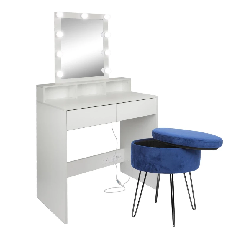 Image of Harbour Housewares Wooden Dressing Table Set with LED Lights & Stool in Blue Blue Unisex