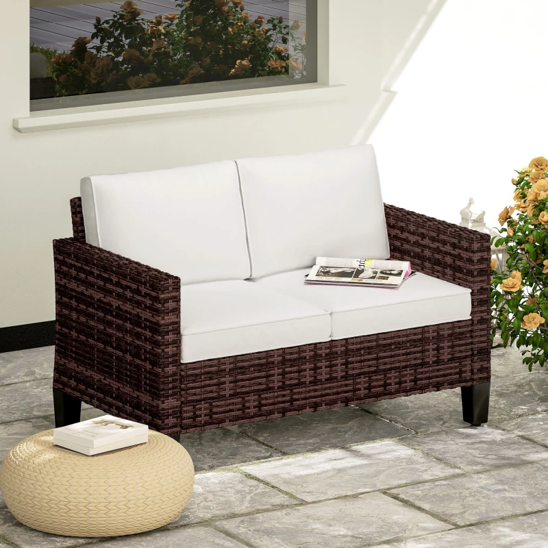 Image of Outsunny Rattan Sofa with Cushions, 2 Seater Garden Furniture, Brown Brown
