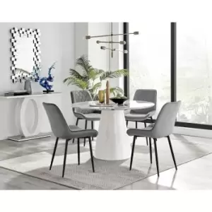 Image of Furniturebox Palma White Marble Effect 120cm Round Minimalist Dining Table & 4 Grey Pesaro Black Leg Velvet Chairs