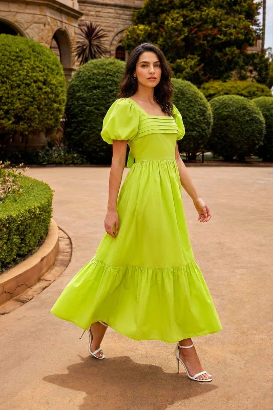 Image of Dusk Womens Pleated Puff Midi Dress in Lime Size: 12 Lime Female 12