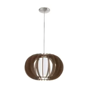 Image of Pendant Ceiling Light Colour Satin Nickel Shade Brown White Wood Glass E27 1x60W