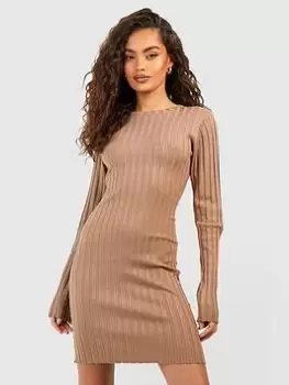 Image of Boohoo Rib Knitted Mini Dress - Taupe, Beige, Size 8, Women