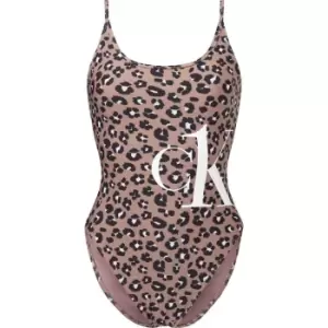 Image of Calvin Klein Leopard Scoop Neck Swimsuit - Brown