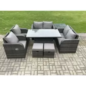 Image of Fimous 6 Seater Outdoor Dark Grey Rattan Lounge Complete Sofa Set with Regular Adjustable Dining Table and 2 Stools