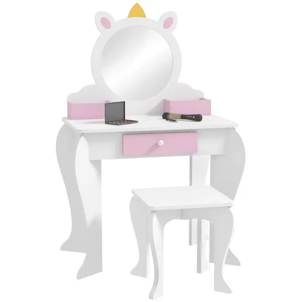 Image of ZONEKIZ Kids Dressing Table with Mirror and Stool, Unicorn Design, for Ages 3-6 Years White