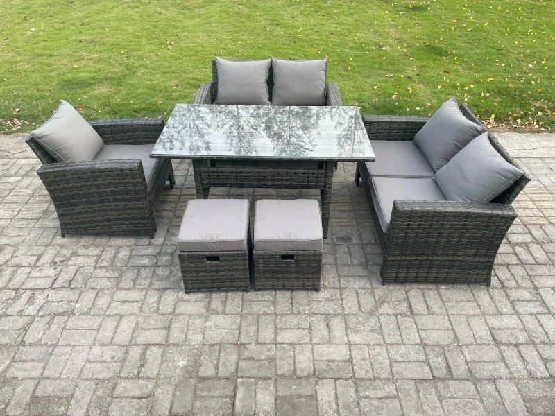 Image of Fimous Wicker Rattan Garden Dining Set Outdoor Furniture Sofa with Dining Table Double Seat Sofa 2 Small Footstools Dark Grey Mixed Dark Grey Unisex