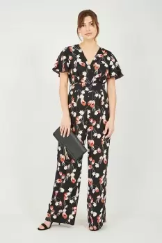 Image of Floral Jumpsuit With Angel Sleeves in Black