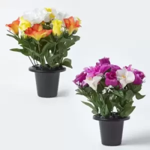 Image of Homescapes - Set of 2 Purple, Orange & White Roses & Peonies Artificial Flowers in Grave Vases