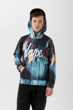 Image of HYPE BOYS TURQUOISE SPRAY DRIPS SCRIPT HOODIE