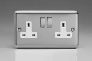 Image of Varilight Classic 2 Gang Switched Socket with White insert (Double XS5DW) - Matt Chrome - XS5DW