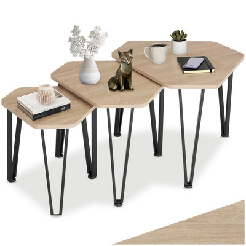 Image of Tectake Coffee Table Torquay - 3 Nesting Tables, Industrial Style - Industrial Wood Light, Oak Sonoma
