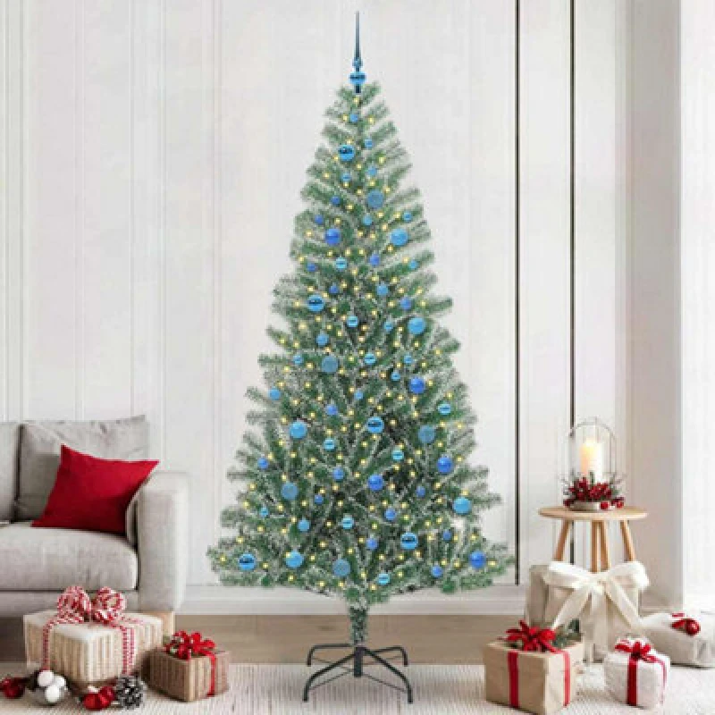 Image of vidaXL Artificial Christmas Tree with Blue Balls Snow Flocked with LED Light 240 cm, Green 3396840