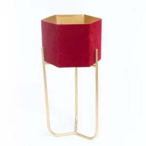 Image of HESTIA Red Velvet Planter on Gold Metal Stand 27cm