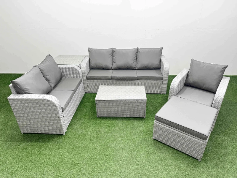 Image of FIMOUS Fimous - Patio pe Wicker 7 Seater Outdoor Rattan Furniture Sofa Sets with Rectangular Coffee Table Reclining Chair Loveseat Sofa 3 Seater Sofa