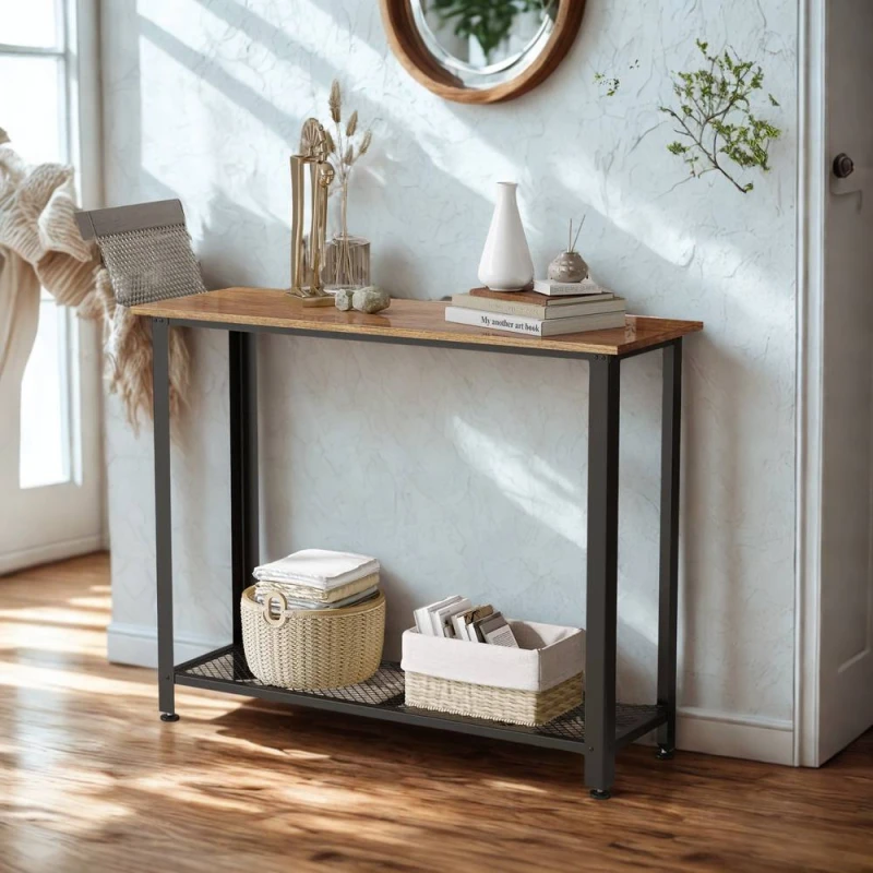 Image of FURNOS Industrial 2 Tier Entryway Hallway Console Table in Brown Brown Unisex