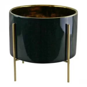 Image of Green Large Ceramic Gold Lined Planter With Stand