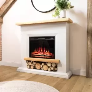 Image of White & Oak Effect Freestanding Electric Fire Suite with Log Storage - AmberGlo