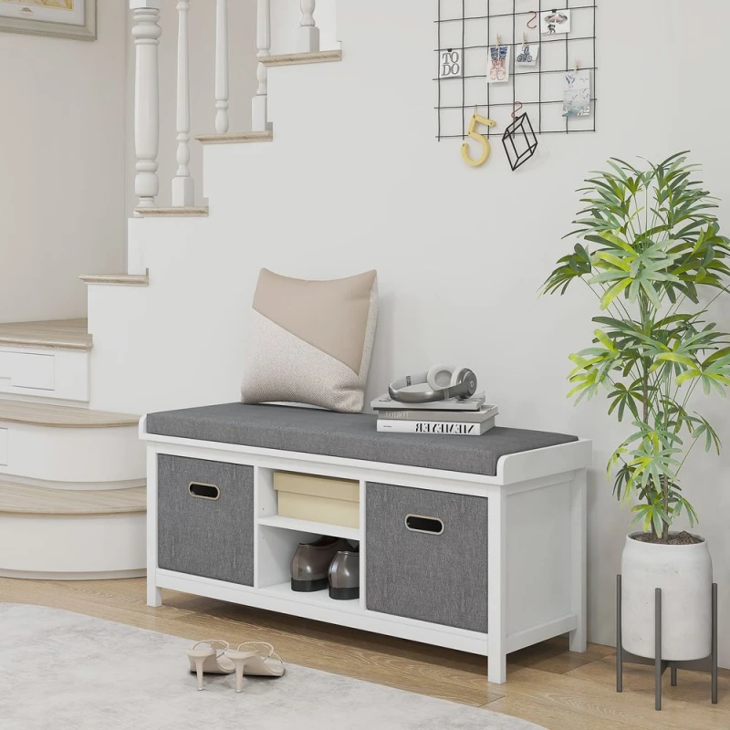 Image of HOMCOM Shoe Bench with Cushioned Seat Fabric Drawers for Entryway Hallway White - Homcom 5056725516307