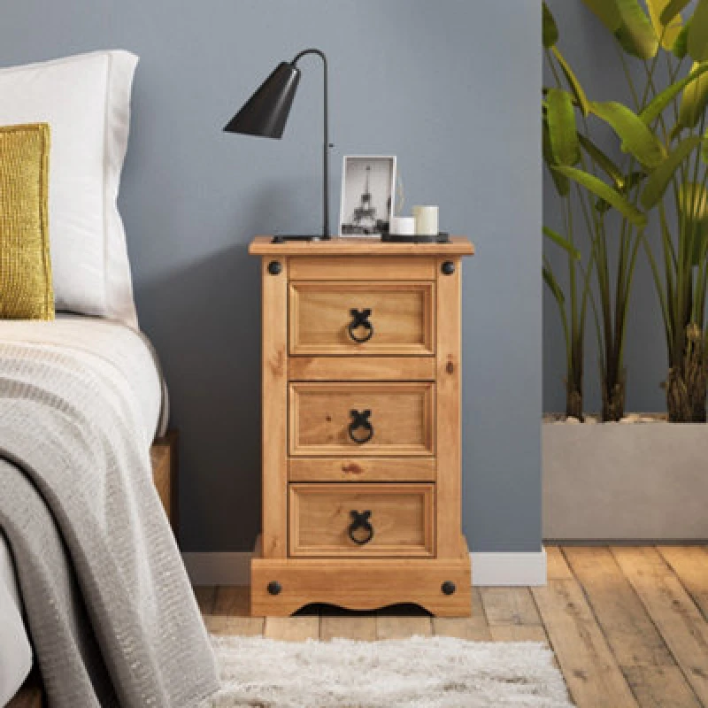 Image of Mercers Furniture Corona Narrow 3 Drawer Bedside Cabinet Table Solid Wood Pine With Mexican Styling Wooden