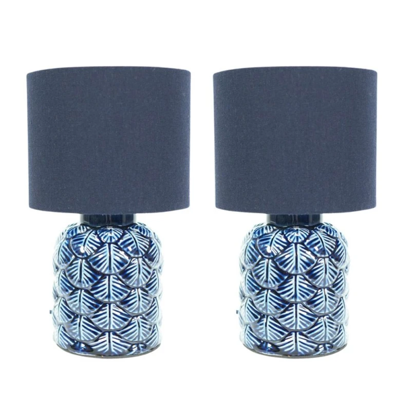 Image of ValueLights ValueLights Priyah Pair of Navy Ceramic Scallop Table Lamps with Fabric Shades and LED Bulbs in Blue Blue One Size Unisex 5059406054266