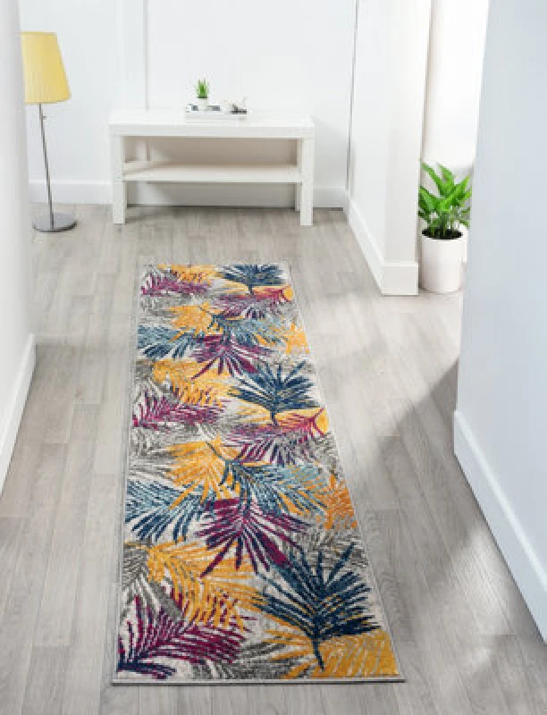 Image of San Marino Modern Living Room Area Rug - Low Pile Leaf Design Muti Coloured 60Cm X 220Cm