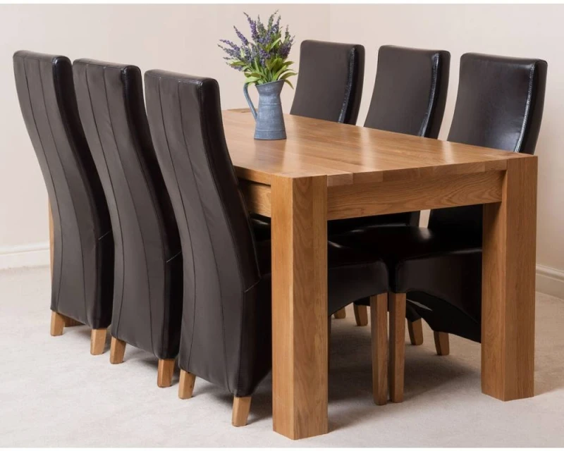 Image of Thats Furniture Kuba 180 x 90cm Chunky Oak Dining Table & 6 Lola Leather Chairs in Brown Brown Unisex 180 x 90 cm