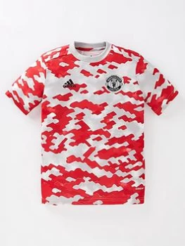 Image of adidas Youth Manchester United 2021/22 Pre Match T-Shirt - Red, Multi, Size 7-8 Years