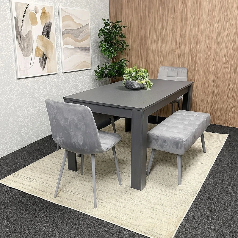Image of KOSY KOALA KOSY KOALA Dining Table and 4 Chairs With 2 Benches Dark Grey Table 2 Grey Velvet Chairs Wood Table Dining Set Furniture Dark Grey One Size
