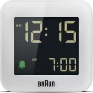 Image of Braun Digital Travel Alarm Clock with Snooze, Compact Size, Negative LCD Display, Quick Set,Crescendo Beep Alarm in White, model .