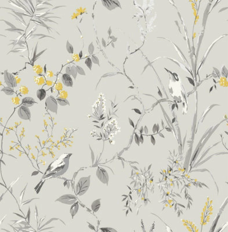 Image of FINE DECOR Fine Decor - Floral Birds Wallpaper Grey Yellow Metallic Flower Shimmer Mariko WL-M1551