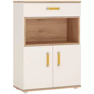 Image of 4Kids 2 Door 1 Drawer Cupboard with open shelf in Light Oak and white High Gloss (orange handles) - Light Oak and white High Gloss (orange handles)