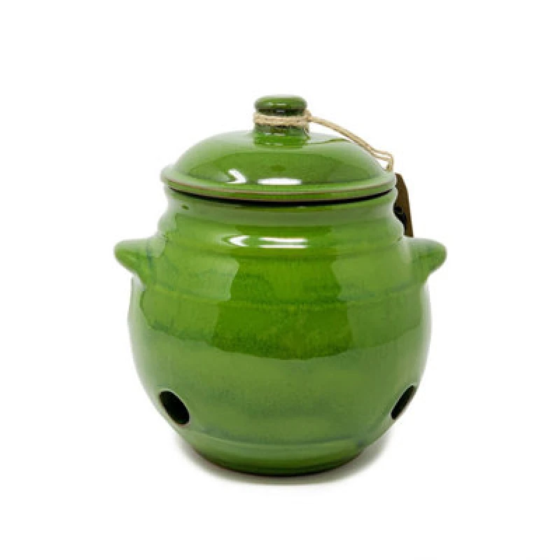Image of Verano Spanish Ceramics Selena Glazed Hand Dipped Kitchen Dining Garlic Jar With Lid Dark Green (H) 15Cm