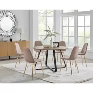 Image of Furniture Box Santorini Brown Round Dining Table and 6 Cappuccino Corona Gold Leg Chairs