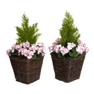 Image of Greenbrokers Artificial Pink Geranium Rattan Patio Planters 60Cm/24In (set Of 2)