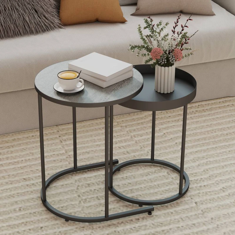Image of HOMCOM HOMCOM Round Nesting Side Table Set of 2 with Metal Frame for Living Room in Grey Grey One Size Unisex 5063603659933