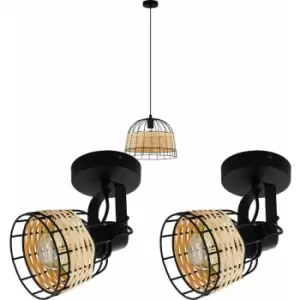 Image of Ceiling Pendant Light & 2x Matching Wall Lights Black Wire & Wicker Wood Lamp