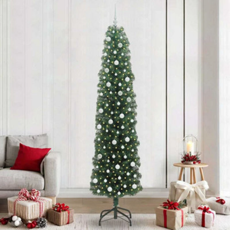 Image of vidaXL Artificial Christmas Tree with 300 LEDs, White Balls with Stand Green 240 x 61 cm, Green 3394972