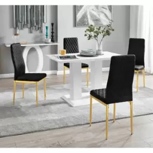 Image of Furniture Box Imperia 4 White Dining Table and 4 Black Velvet Milan Gold Leg Chairs