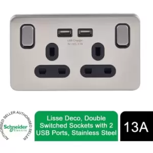 Image of Schneider Electric - Lisse Screwless Double Socket usb Ports 13A Stainless Steel