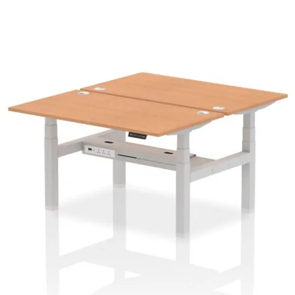 Image of Air Air Back-to-Back 1400 x 800mm Height Adjustable 2 Person Bench Desk Oak Top with Cable Ports Silver Frame HASCP2P14800OAKS
