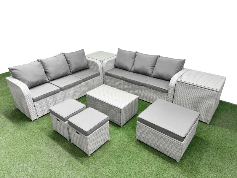 Image of Fimous Outdoor Garden Furniture Sets 9 Seater Wicker Rattan Furniture Sofa Sets with Rectangular Coffee Table high Back Lounge Sofa 3 Stools 2 Side Ta