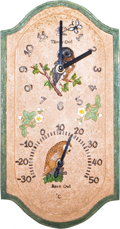 Image of Vintage 38cm Outdoor Barn Owl Bird Design Wall Clock and Thermometer ELV-710020 Wall Clock