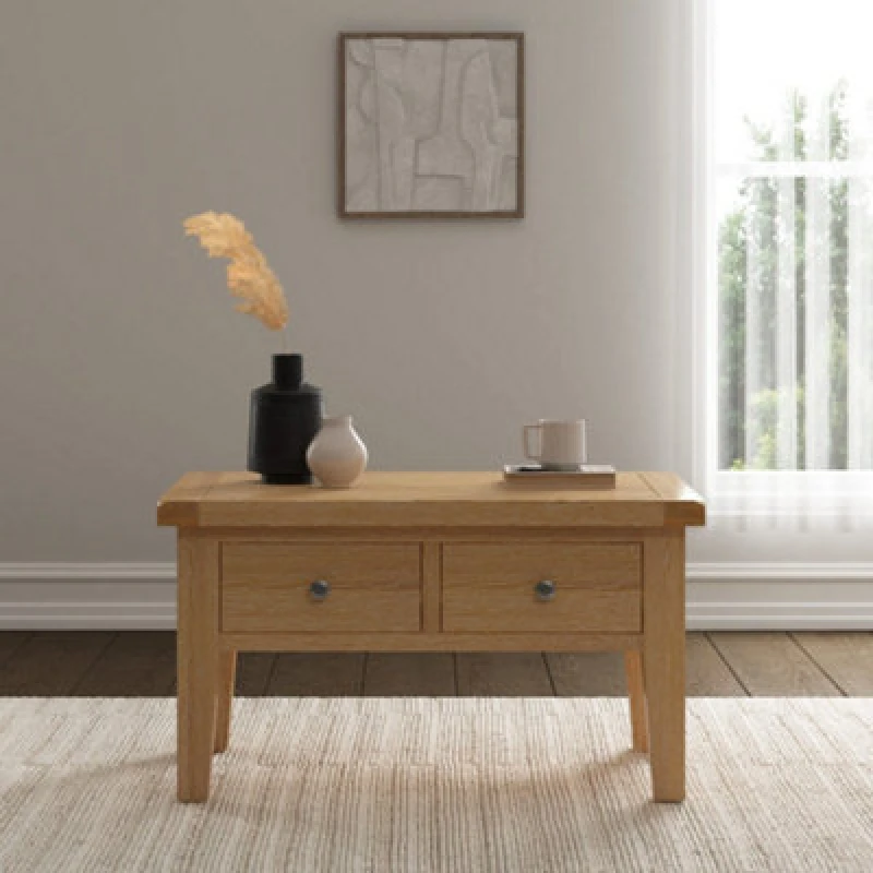 Image of Seconique Windsor Natural Oak Coffee Table With Drawers Fully Assembled