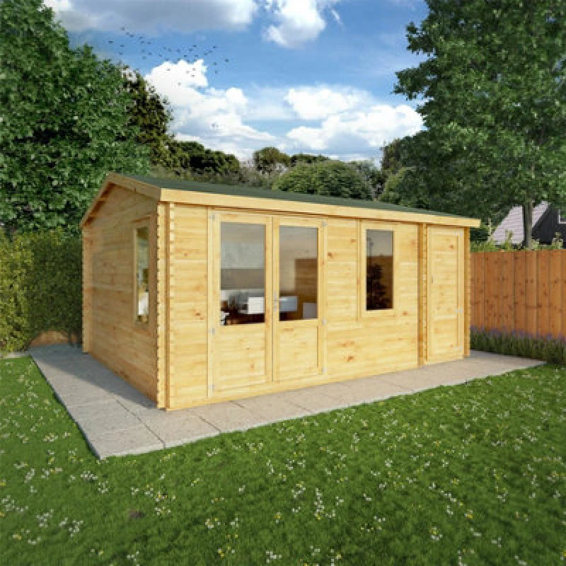 Image of Waltons 5.1M X 4M Wooden Home Office 44mm Log Cabin With Side Shed Garden Room