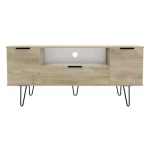 Image of Hirato Ready Assembled Wide TV Unit Nebraska Oak Black Metal Hairpin Legs