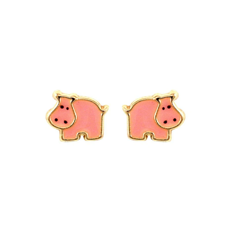 Image of Jewelco London 9ct Gold Pink Enamel Hippo Stud Earrings - JES274 Gold female