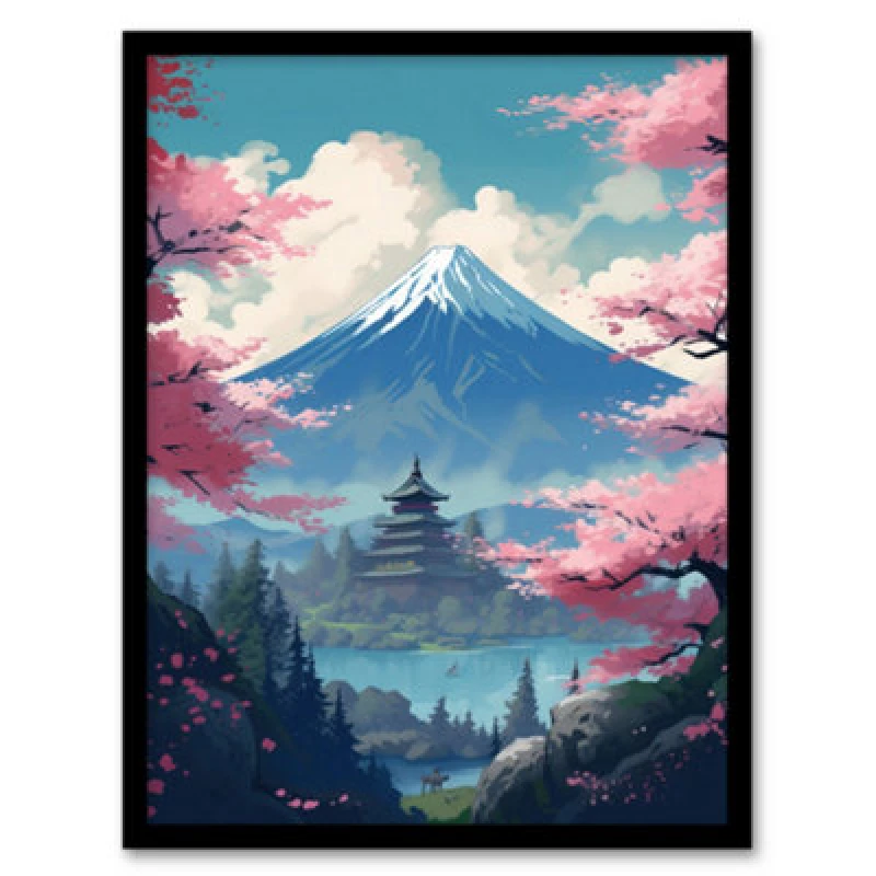 Image of Artery8 Japanese Temple Mount Fuji Lake Green Pink Cherry Blossom Trees Framed Wall Art Print