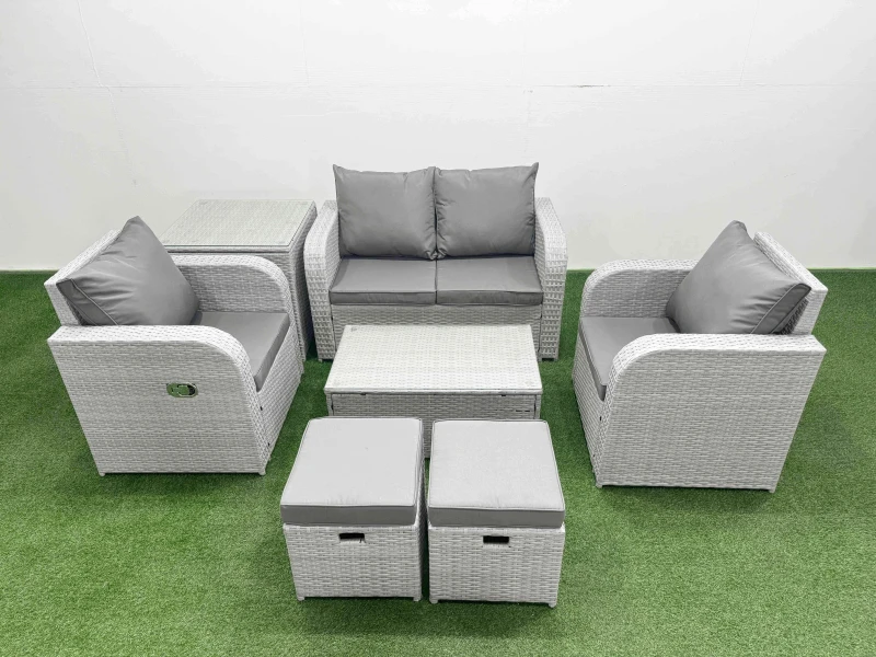 Image of Fimous Light Grey PE Wicker Rattan Garden Furniture Set Sofa Set Reclining Adjustable Chair Rectangular Coffee Table 6 Seater 2 Small Stools Side Tabl