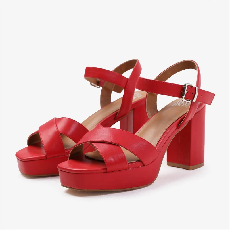 Image of Where's That From 'Marcia' Statement Platform Strappy Block High Heels Red